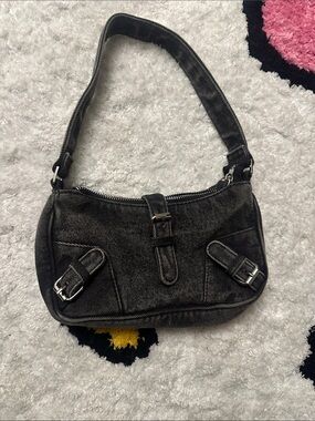 Pull&Bear Small Black Denim Shoulder Bag with Silver Hardware